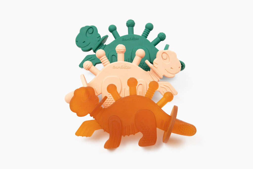 Dibly - Green - Baltic Amber & Natural Rubber Dinosaur Teether with Toothbrush Tail