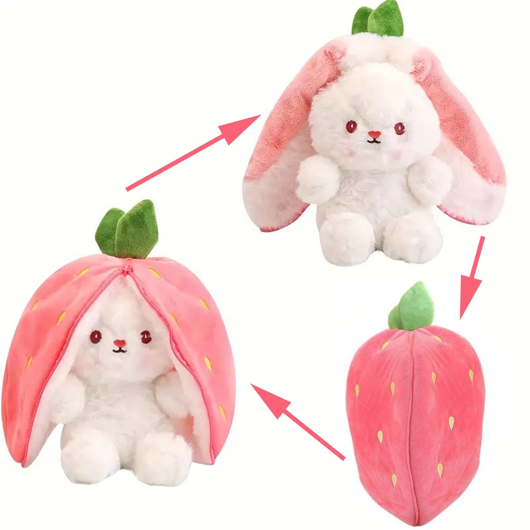 Reversible Strawberry Bunny Plush Toy Soft Polyester Kids Easter Basket Stuffer Gift Birthday Surprise for Girls and Boys