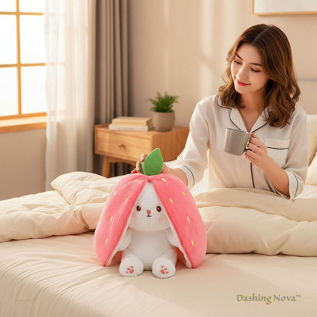 Reversible Strawberry Bunny Plush Toy Soft Polyester Kids Easter Basket Stuffer Gift Birthday Surprise for Girls and Boys