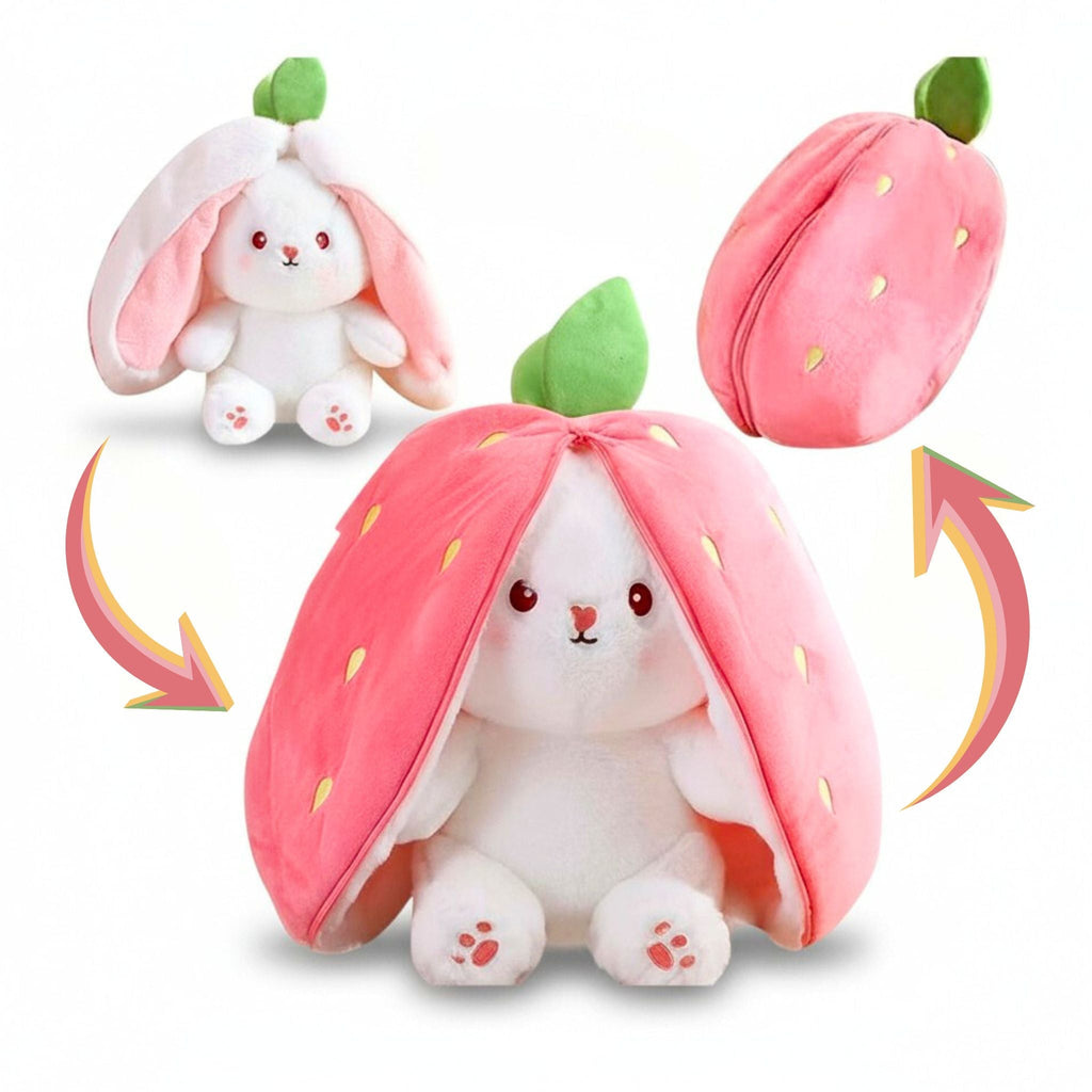 Reversible Strawberry Bunny Plush Toy Soft Polyester Kids Easter Basket Stuffer Gift Birthday Surprise for Girls and Boys